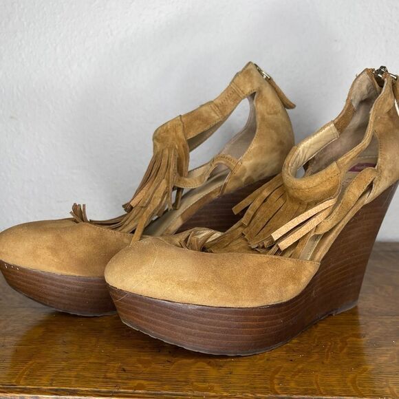 Elaine Turner Suede Wedge Heels Fringe - Picture 3 of 9